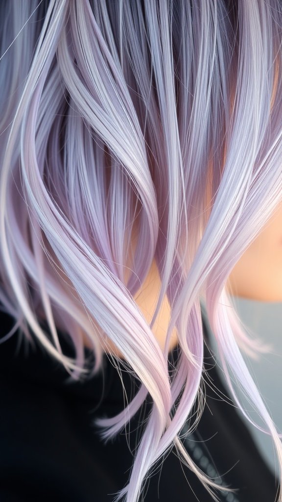 Gentle lavender hair with pure white highlights styled in soft waves.