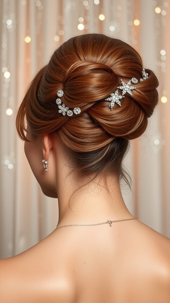 A glamorous beehive updo hairstyle adorned with sparkling accessories, showcasing elegance and sophistication.