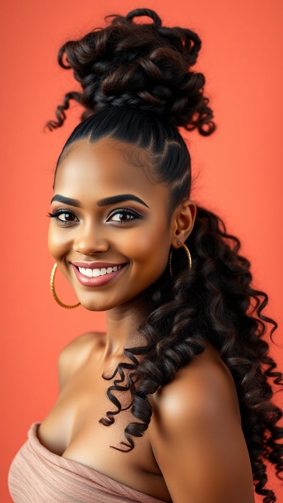 A woman with a high ponytail featuring chunky curls, smiling against a bright background.