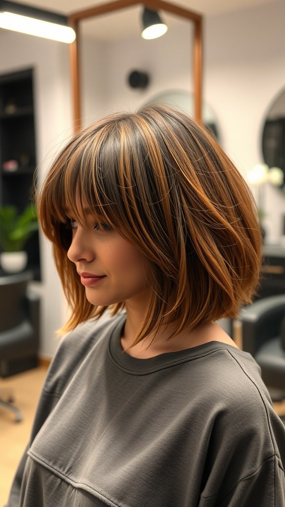 A woman with a jaw-length bob featuring choppy piece-y layers, showcasing a stylish and modern hairstyle.