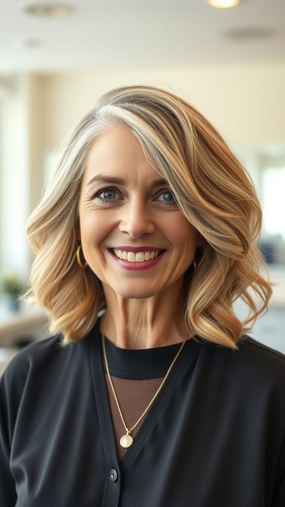 A woman with a layered medium cut hairstyle featuring flipped out ends, smiling confidently.