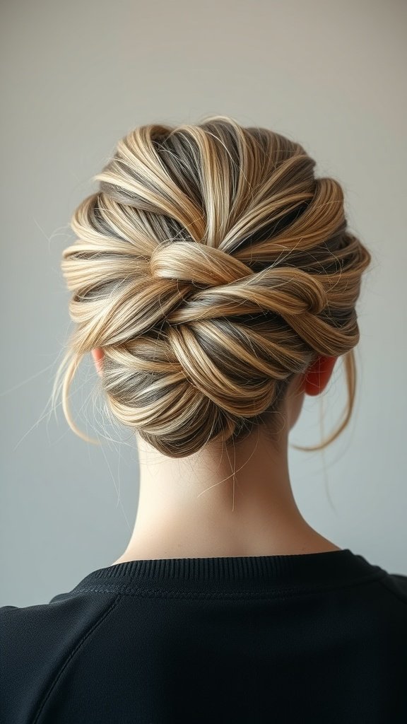 A loose blonde bun with dark gray lowlights, showcasing an elegant yet casual hairstyle.