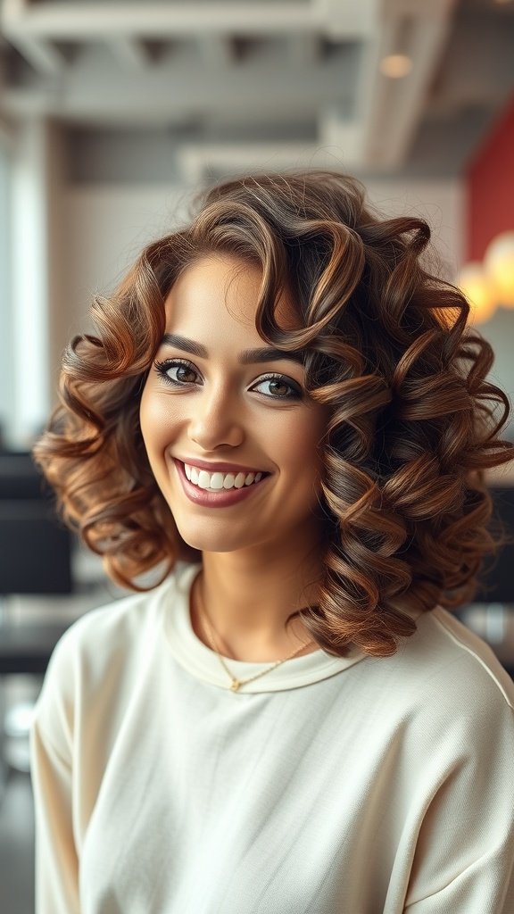 A woman with medium-length hair styled in defined curls, smiling brightly.