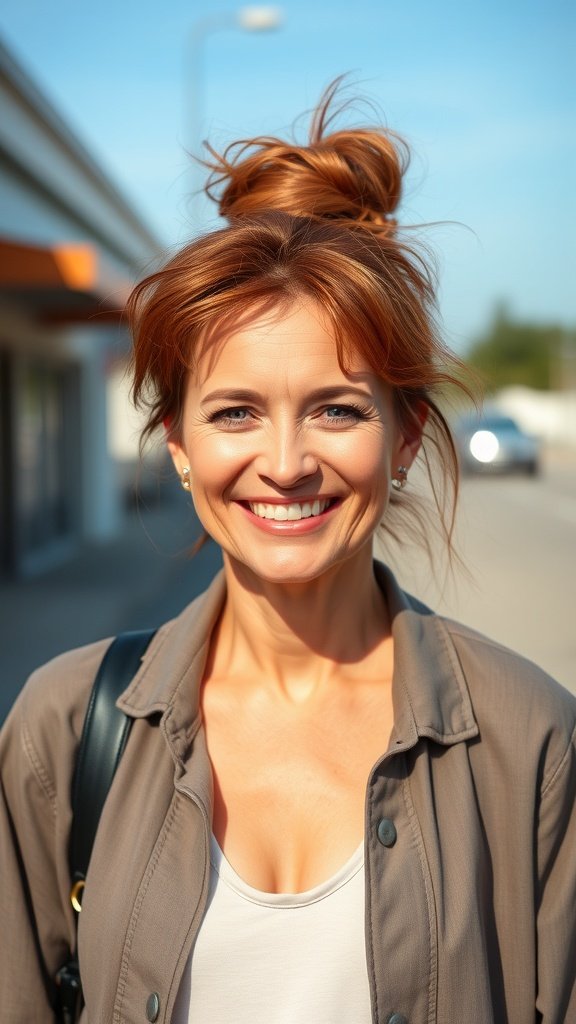 A woman with a messy top knot bun smiling outdoors.