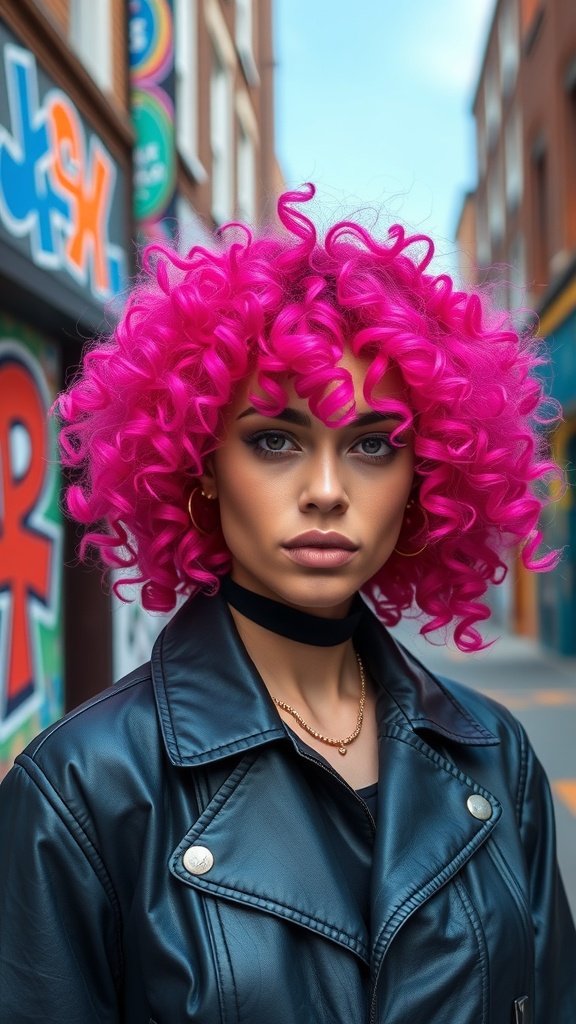 A woman with vibrant pink curly hair wearing a black leather jacket, standing in a colorful urban setting.