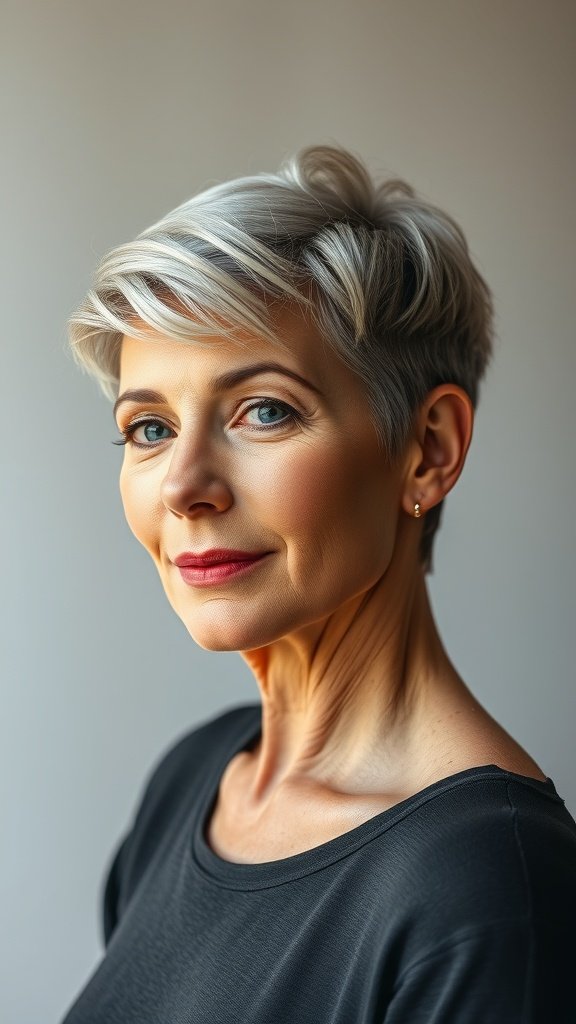 A woman with a stylish pixie cut featuring a side-swept undercut, showcasing her elegant features.