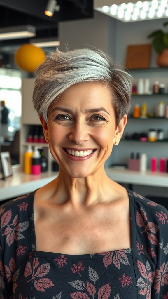 A woman with a pixie cut and side-swept undercut, smiling in a modern salon setting.