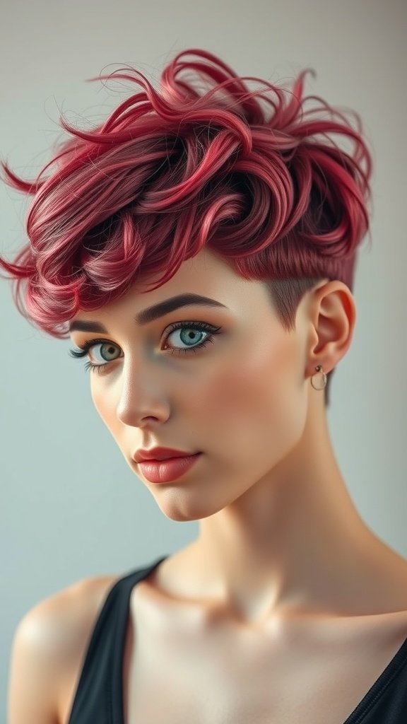 A stylish pixie haircut featuring defined curls and an undercut, showcasing vibrant color and texture.