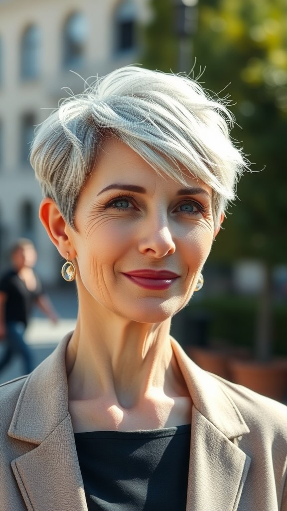 A woman with a stylish pixie haircut and soft undercut, wearing a blazer and smiling confidently.