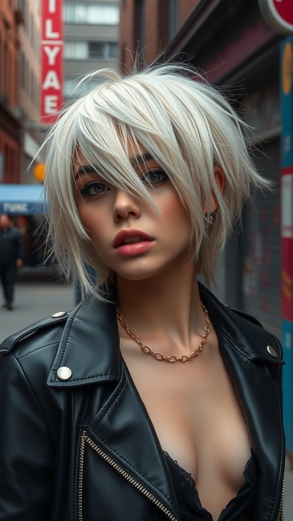 A person with a platinum blonde shag haircut wearing a leather jacket, looking confidently at the camera.