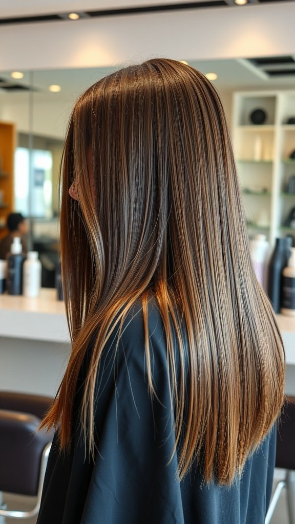 A woman with long, poker-straight layered hair, showcasing a sleek and polished hairstyle.