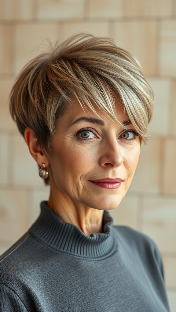 A woman with a razor-cut pixie hairstyle featuring asymmetrical bangs, showcasing a modern and chic look.
