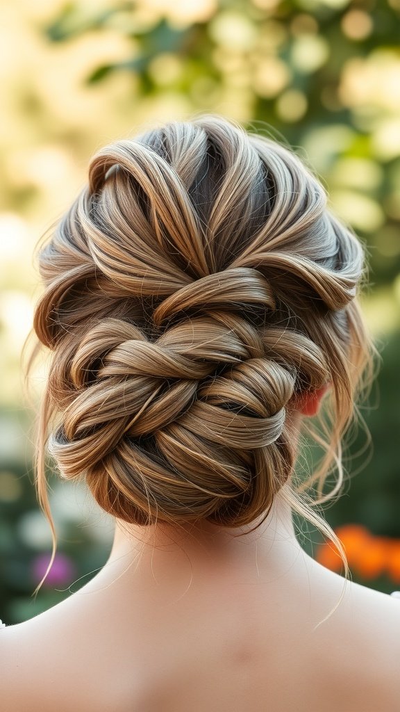 A romantic updo hairstyle featuring intricate braids and wispy bangs, showcasing a soft and elegant look.