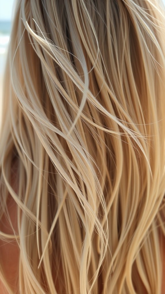 Sandy blonde hair with sea salt highlights flowing in the wind