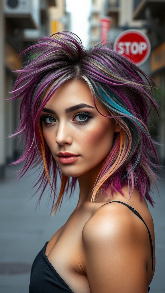 A woman with a shaggy mullet hairstyle featuring loose waves and vibrant colors.