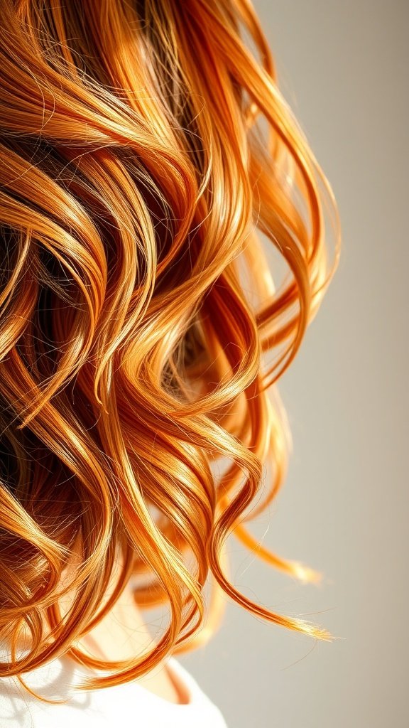 Close-up of shimmering copper hair styled in soft waves