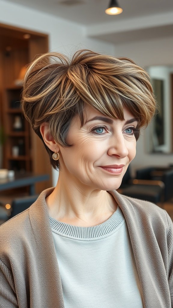 A woman with a short wavy pixie hairstyle, smiling and looking stylish.