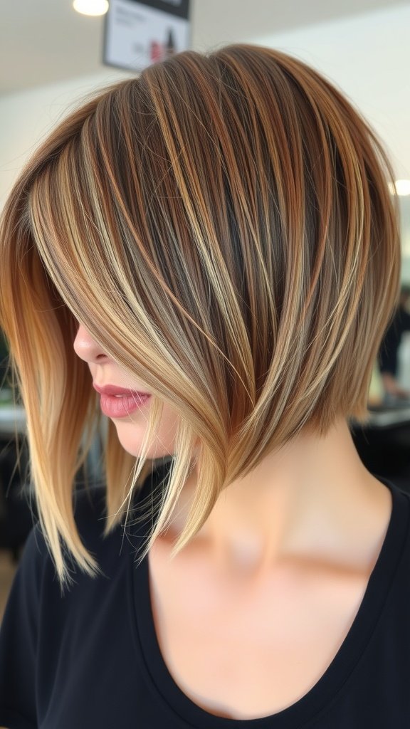 Shoulder-length razor cut hairstyle with layers and highlights