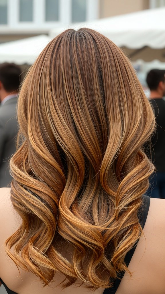 A beautiful auburn hairstyle with soft waves and sienna tones.