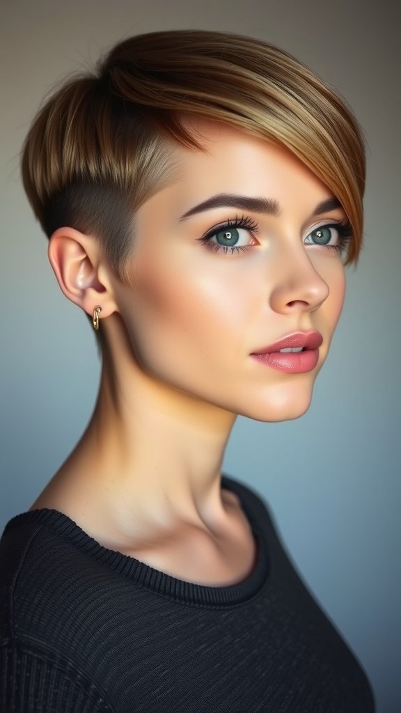 A woman with a sleek and straight pixie hairstyle featuring a side tuck, showcasing her elegant features.
