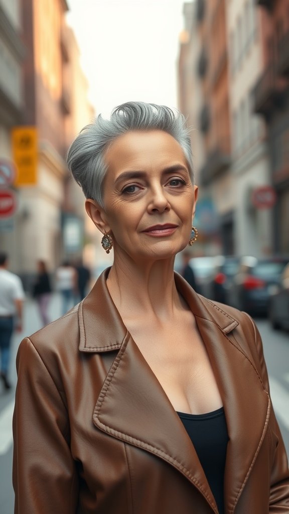 A stylish woman with a slicked-back undercut hairstyle, wearing a brown leather jacket, standing confidently on a city street.