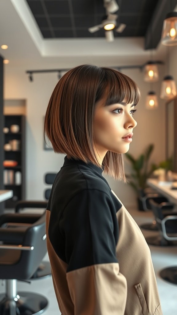 A woman with straight hair styled in a blunt ear-length cut, showcasing a modern and chic look.