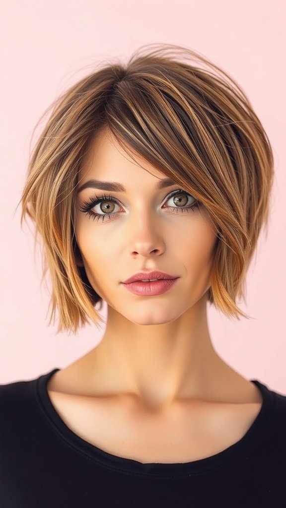 A woman with a tousled short bob hairstyle and side bangs, showcasing a soft and stylish look.