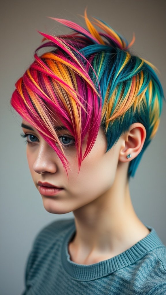A model showcasing a vibrant two-tone pixie mullet hairstyle with bright pink and blue colors.