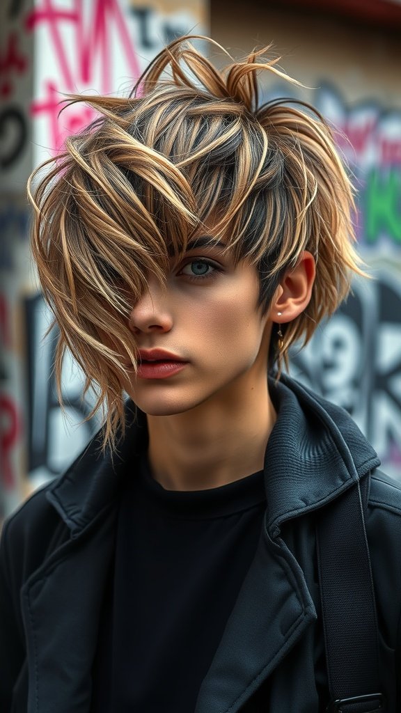 A person with an urban shag hairstyle featuring tousled layers and a stylish finish.