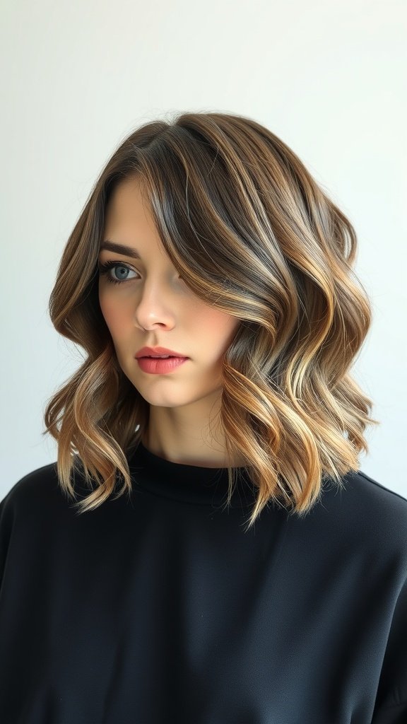 A woman with a wavy bob hairstyle featuring a zigzag part, showcasing soft waves and a modern look.