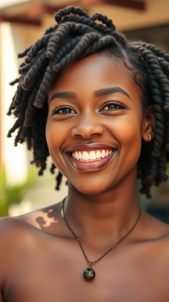 A person with a Bantu Knot Out hairstyle, showcasing defined curls and a bright smile.