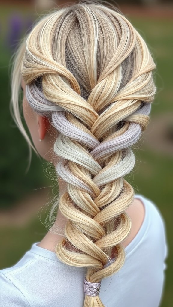 A blonde fishtail braid with lavender lowlights, showcasing intricate weaving and a stylish appearance.