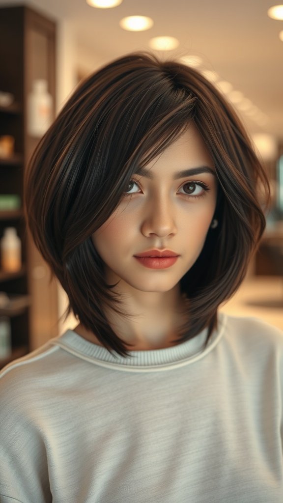 A woman with a bob haircut featuring flared layers and rounded ends, showcasing a stylish and manageable look for thick hair.