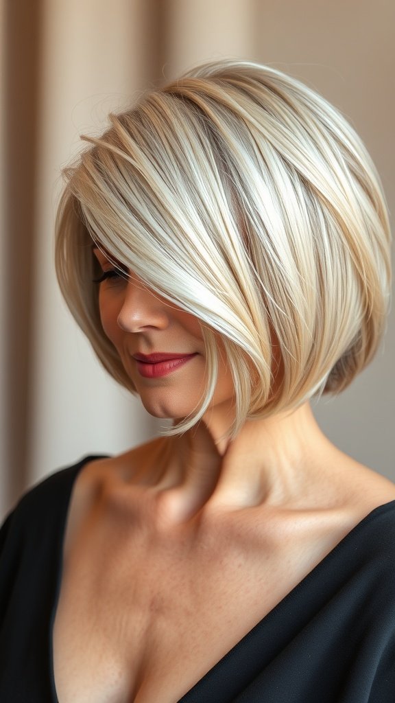 A woman with a stylish bob haircut featuring swoopy layers, showcasing a modern and flattering look.