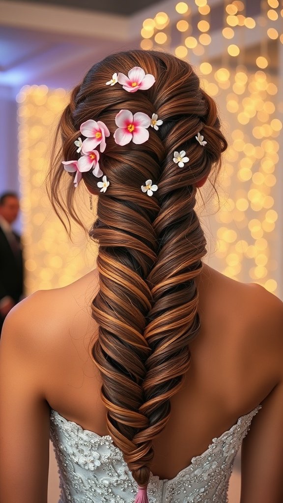 A beautiful cascading waterfall braid adorned with flowers, showcasing an elegant hairstyle for prom.