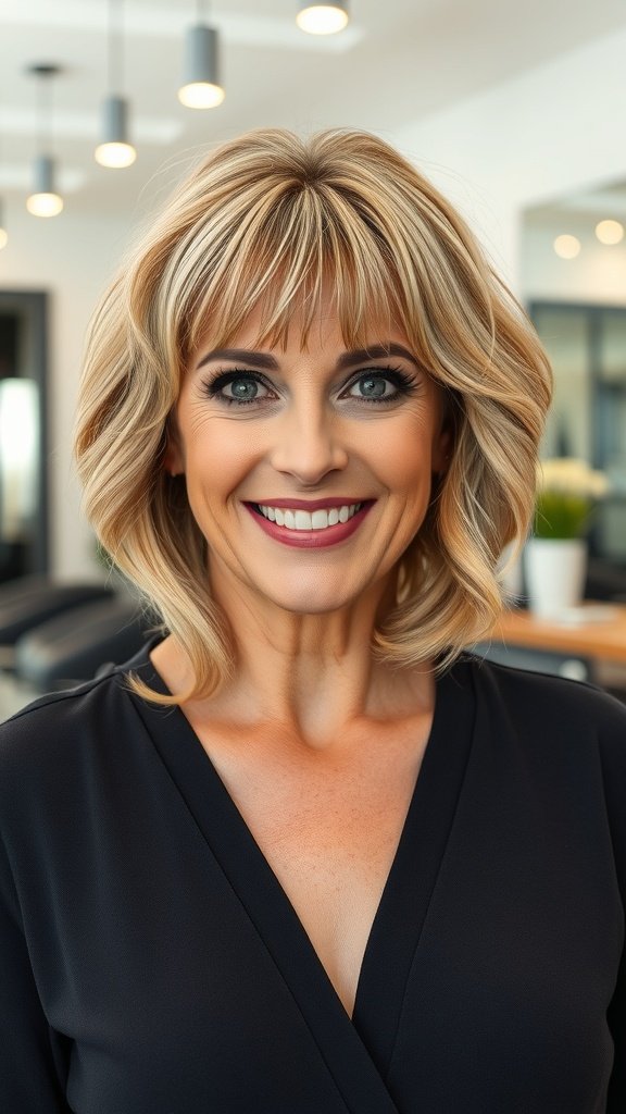 A woman with a chin-length blunt cut hairstyle and middle part, smiling confidently.