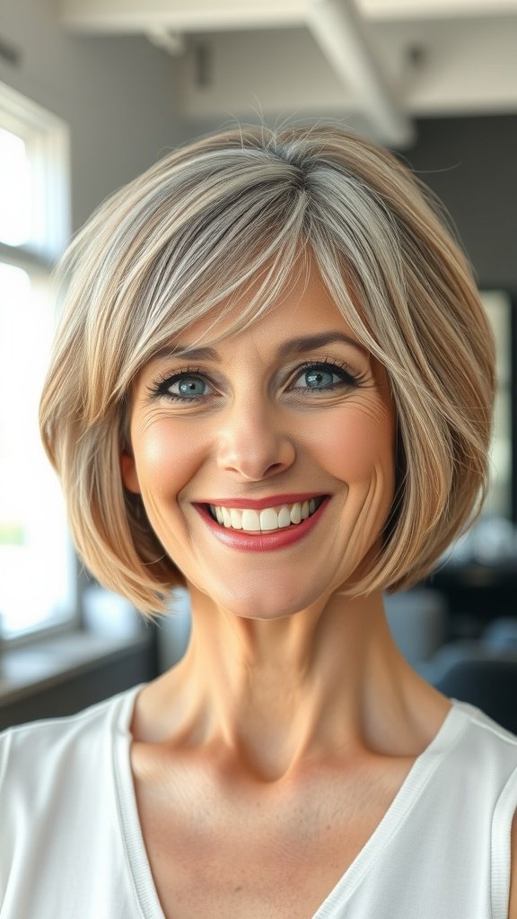 A woman with a chin-length bob hairstyle featuring soft rounded layers, smiling confidently.