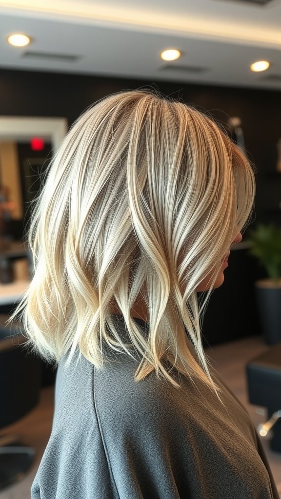 Choppy lob haircut with platinum highlights