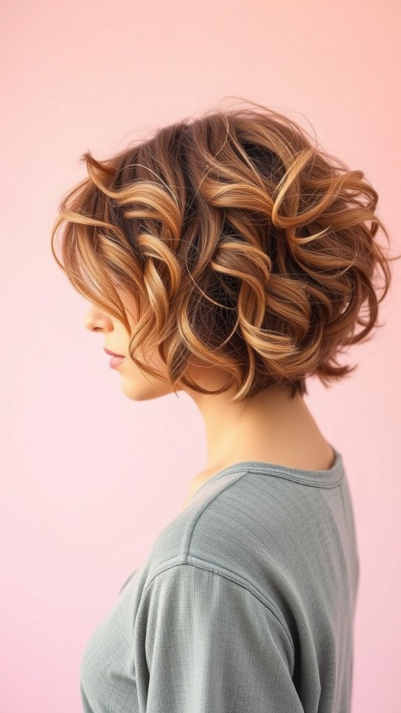 A woman with a curly bob hairstyle featuring disconnected layers, showcasing voluminous curls against a pink background.