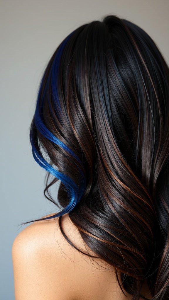Dark brown hair with sapphire blue highlights styled in waves