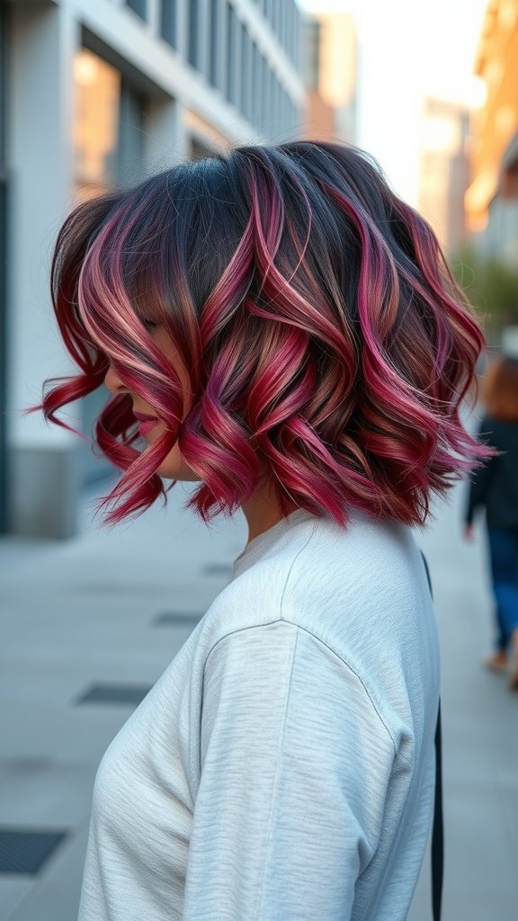 A woman with an edgy angled bob hairstyle featuring curled ends and vibrant color highlights.