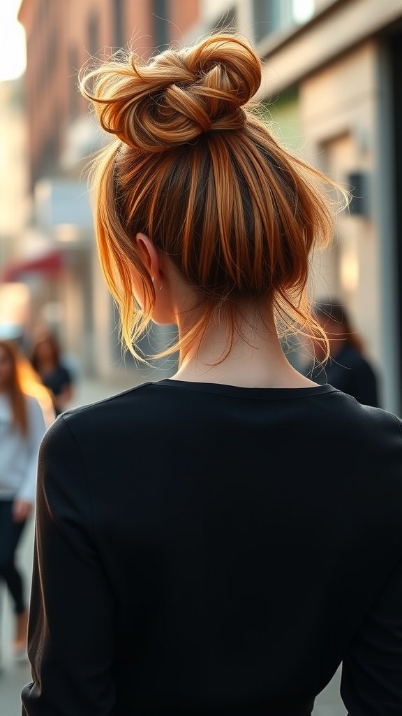 A woman with copper hair styled in a messy bun, showcasing a casual and chic look.