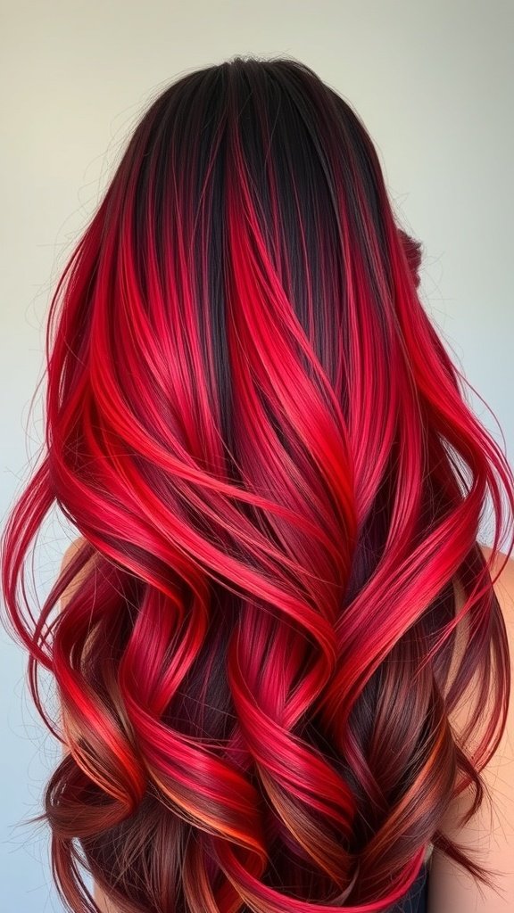 A hairstyle featuring dark brown hair with fiery red ombre highlights, styled in flowing waves.