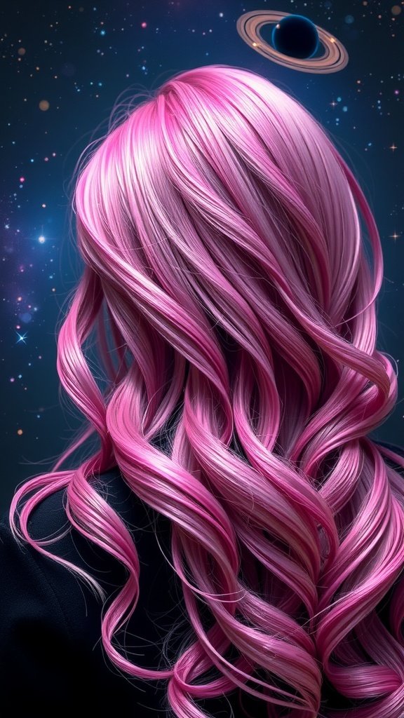 A person with long, wavy pink hair against a cosmic background featuring stars and a planet.