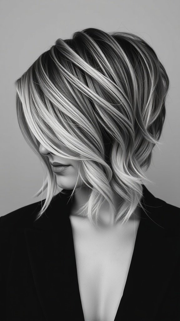 A grayscale ombre long pixie haircut with soft waves, showcasing a stylish and modern look.