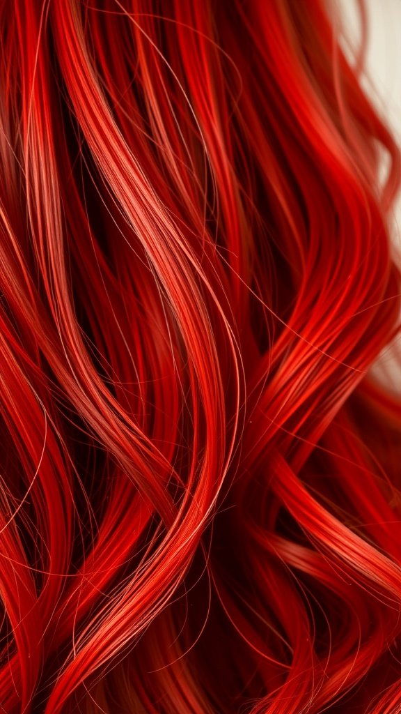 Close-up of vibrant poppy red hair with wavy strands