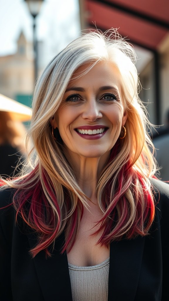 A woman over 50 with long feathered layers and vibrant hair colors, smiling confidently.