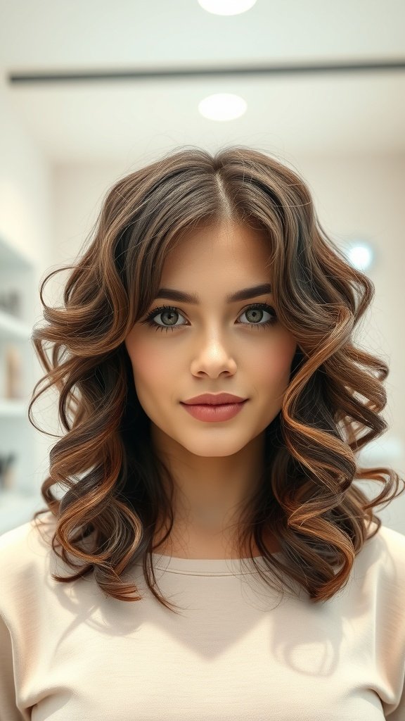 A woman with medium-length hair styled in bouncy curls, showcasing a feminine look suitable for square faces.