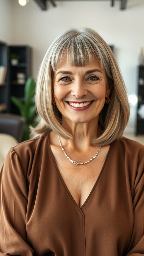 A smiling woman with medium-length straight hair and bangs, wearing a brown top and silver necklace.