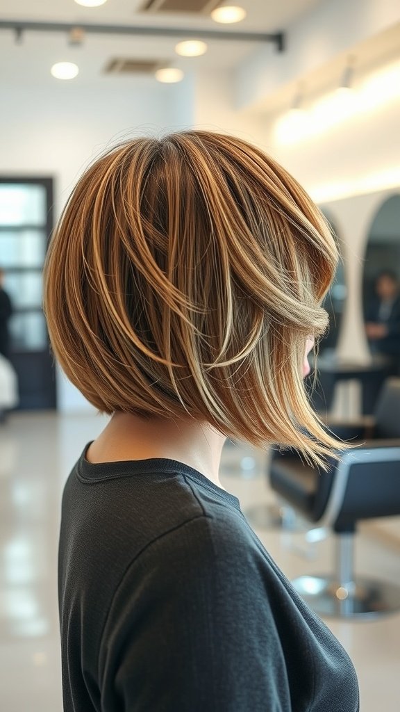 A woman with a mid-length bob hairstyle featuring a rounded back, showcasing a polished and voluminous look.
